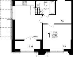 1-к квартира, вторичка, 43м2, 5/9 этаж