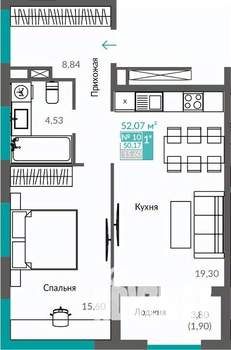 1-к квартира, строящийся дом, 50м2, 2/12 этаж