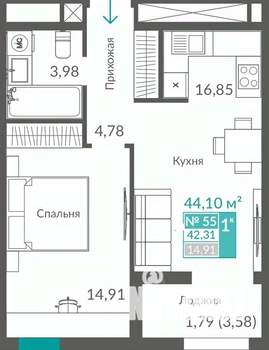 1-к квартира, строящийся дом, 42м2, 7/12 этаж