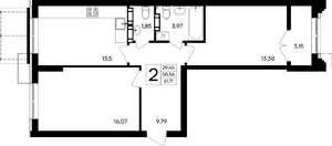 2-к квартира, строящийся дом, 62м2, 9/9 этаж