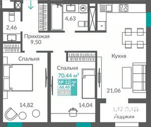 2-к квартира, строящийся дом, 68м2, 2/12 этаж