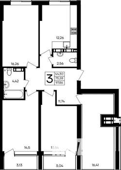 3-к квартира, строящийся дом, 98м2, 9/9 этаж
