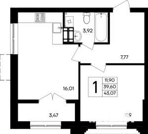 1-к квартира, строящийся дом, 43м2, 1/9 этаж