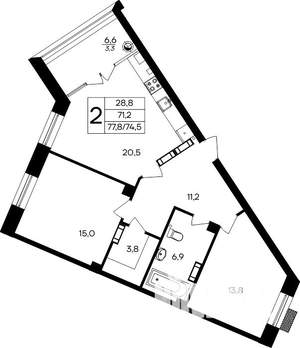 2-к квартира, вторичка, 78м2, 1/8 этаж