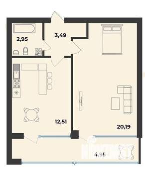 1-к квартира, строящийся дом, 44м2, 10/10 этаж