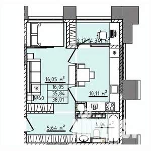 1-к квартира, строящийся дом, 38м2, 3/5 этаж