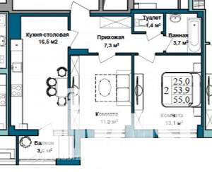 2-к квартира, вторичка, 55м2, 9/9 этаж