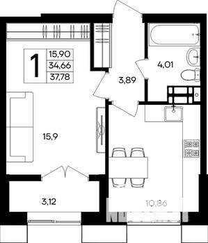 1-к квартира, строящийся дом, 38м2, 4/9 этаж