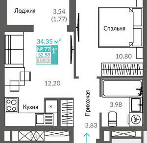 1-к квартира, вторичка, 33м2, 11/12 этаж