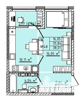 1-к квартира, строящийся дом, 38м2, 4/5 этаж