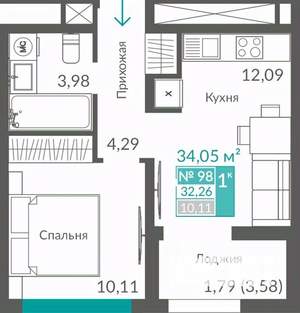 1-к квартира, строящийся дом, 32м2, 12/12 этаж