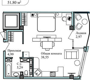 1-к квартира, вторичка, 55м2, 5/5 этаж