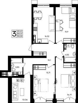 3-к квартира, строящийся дом, 98м2, 9/9 этаж