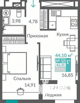 1-к квартира, строящийся дом, 42м2, 5/12 этаж