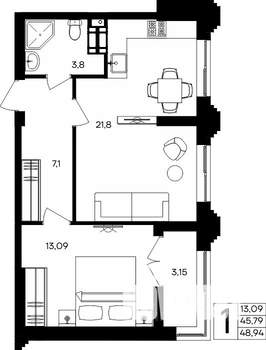 1-к квартира, строящийся дом, 49м2, 5/9 этаж