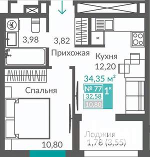 1-к квартира, строящийся дом, 33м2, 10/12 этаж