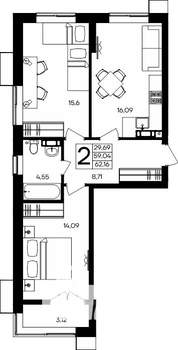 2-к квартира, строящийся дом, 62м2, 4/9 этаж