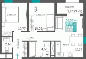 2-к квартира, строящийся дом, 54м2, 11/12 этаж