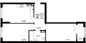 2-к квартира, строящийся дом, 62м2, 3/9 этаж