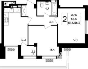 2-к квартира, строящийся дом, 58м2, 1/8 этаж
