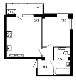 1-к квартира, строящийся дом, 53м2, 1/9 этаж