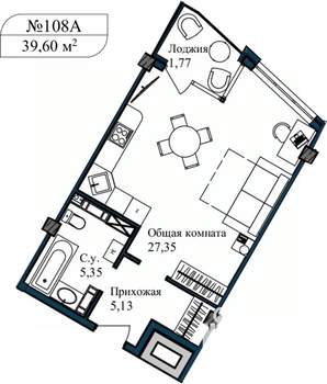 1-к квартира, сданный дом, 41м2, 3/5 этаж