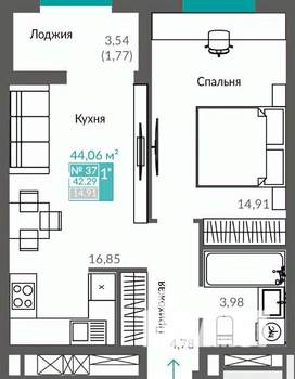 1-к квартира, строящийся дом, 42м2, 6/12 этаж