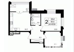 2-к квартира, вторичка, 61м2, 5/8 этаж