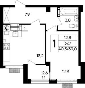 1-к квартира, строящийся дом, 40м2, 8/8 этаж