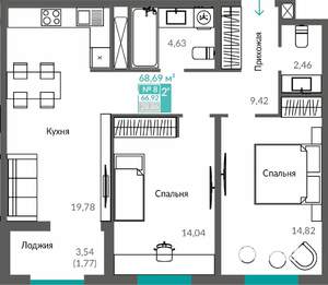 2-к квартира, вторичка, 67м2, 2/12 этаж