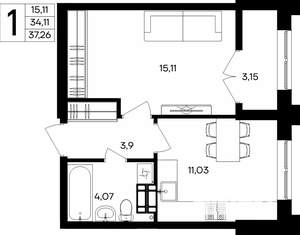 1-к квартира, строящийся дом, 37м2, 2/9 этаж