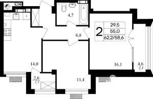 2-к квартира, строящийся дом, 61м2, 1/8 этаж