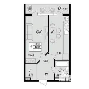 1-к квартира, вторичка, 47м2, 9/10 этаж