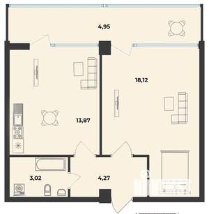 1-к квартира, строящийся дом, 44м2, 10/10 этаж