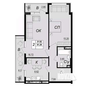 2-к квартира, вторичка, 61м2, 9/10 этаж