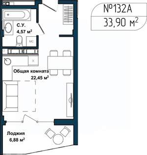 Студия квартира, сданный дом, 34м2, 4/5 этаж