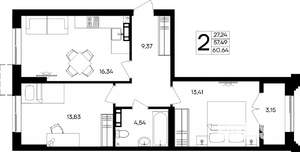 2-к квартира, строящийся дом, 61м2, 1/9 этаж