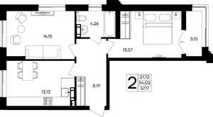 2-к квартира, строящийся дом, 57м2, 8/9 этаж