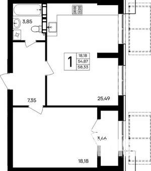 1-к квартира, строящийся дом, 58м2, 2/9 этаж