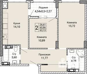 2-к квартира, вторичка, 63м2, 2/9 этаж