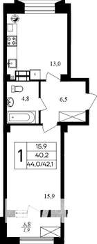 1-к квартира, строящийся дом, 44м2, 5/8 этаж
