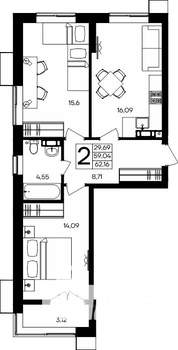 2-к квартира, строящийся дом, 63м2, 4/9 этаж