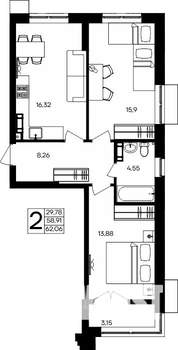 2-к квартира, строящийся дом, 62м2, 6/9 этаж