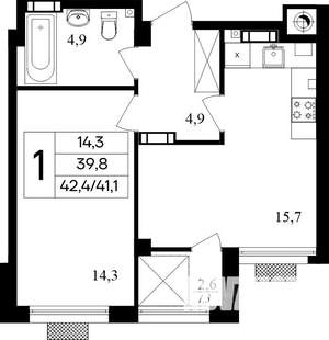 1-к квартира, строящийся дом, 42м2, 1/8 этаж
