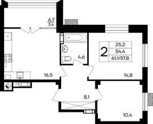 2-к квартира, строящийся дом, 61м2, 1/8 этаж