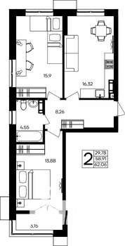 2-к квартира, строящийся дом, 62м2, 7/9 этаж
