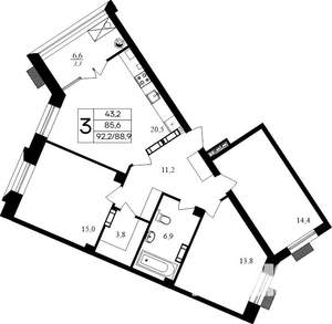 3-к квартира, строящийся дом, 92м2, 3/8 этаж