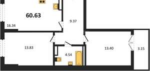 2-к квартира, вторичка, 61м2, 2/9 этаж