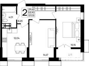 2-к квартира, строящийся дом, 57м2, 5/9 этаж
