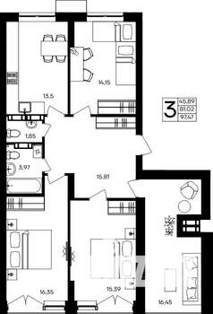 3-к квартира, строящийся дом, 97м2, 9/9 этаж